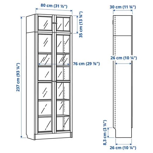 Книжный шкаф со стеклянной дверцей - BILLY/OXBERG IKEA/БИЛЛИ/ОКСБЕРГ ИКЕА, 30х80х237 см, белый (изображение №5)