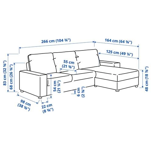 Диван угловой 2-местный - IKEA VIMLE, 266х98/164х83 см, бежевый, ВИМЛЕ ИКЕА (изображение №6)