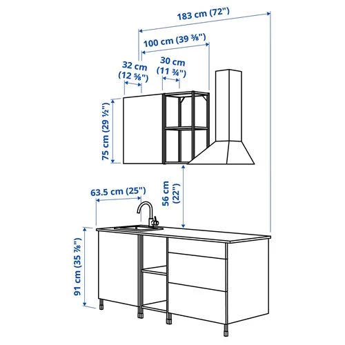 Угловая кухонная комбинация - ENHET IKEA/ ЭНХЕТ ИКЕА, 183x63,5x222 см,  белый/серый (изображение №3)
