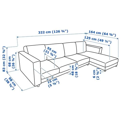 Диван угловой 3-местный - IKEA VIMLE, 322х98/164х83 см, голубой, ВИМЛЕ ИКЕА (изображение №9)
