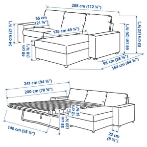Диван-кровать угловой 2-местный - IKEA VIMLE, 285х98/241х83 см, серый, ВИМЛЕ ИКЕА