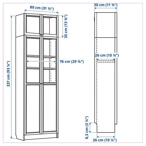 Книжный шкаф с дверцей - BILLY/OXBERG IKEA/ БИЛЛИ/ОКСБЕРГ ИКЕА, 30х80х237 см, белый (изображение №4)