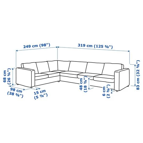 Диван угловой 5-местный - IKEA VIMLE, 319/249х98х83 см, голубой, ВИМЛЕ ИКЕА (изображение №7)