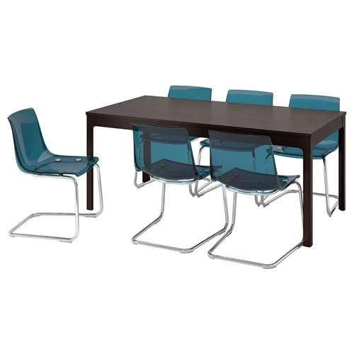 Стол и 6 стульев - EKEDALEN/TOBIAS IKEA/ ЭКЕДАЛЕН/ТОБИАС  ИКЕА, 94х70 см, коричневый/синий (изображение №1)
