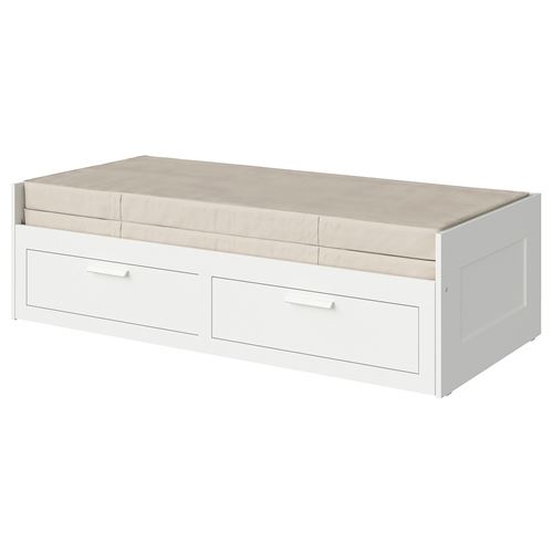 Каркас кровати-кушетки c 2 ящиками и 2 матрасами - IKEA BRIMNES/VANNAREID, 80х200 см, белый, БРИМНЭС/БРИМНЕС ИКЕА