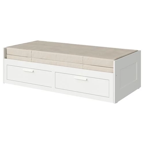 Каркас кровати-кушетки c 2 ящиками и 2 матрасами - IKEA BRIMNES/VANNAREID, 80х200 см, белый, БРИМНЭС/БРИМНЕС ИКЕА (изображение №1)