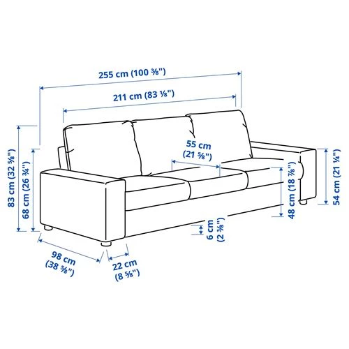 Диван 3-местный - IKEA VIMLE, 255х98х83 см, серый, ВИМЛЕ ИКЕА (изображение №6)