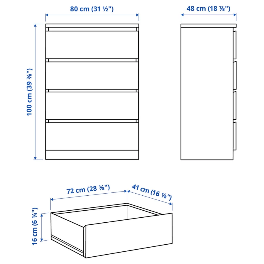 Комод с 4 ящиками - IKEA MALM, 80x100х48 см, белый МАЛЬМ ИКЕА (изображение №4)