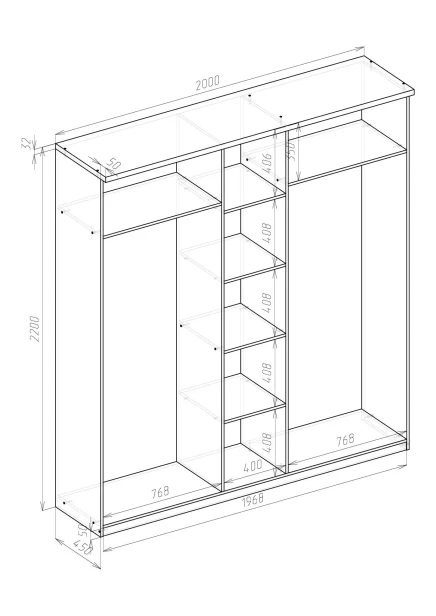 Шкаф распашной 5-ти дверный с зеркалом - аналог IKEA BRIMNES, 50х200х220 см, белый (изображение №2)