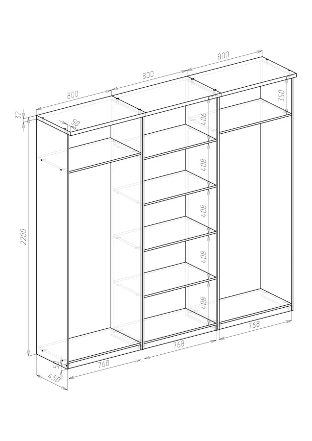 Шкаф распашной 6-ти дверный с зеркалом - аналог IKEA BRIMNES, 50х240х220 см, белый (изображение №3)