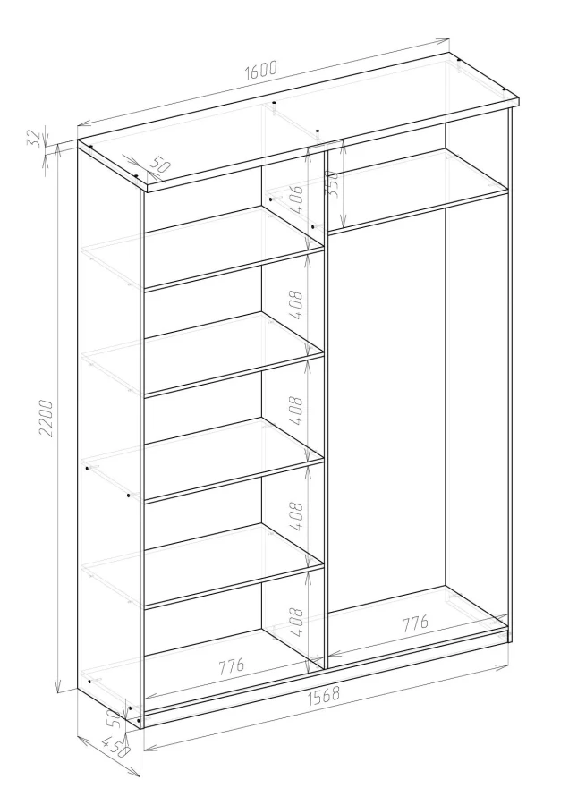 Шкаф распашной 4-х дверный - аналог IKEA BRIMNES, 50х160х220 см, белый (изображение №3)