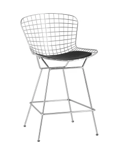 Стул полубарный с низкой спинкой Bertoia хромированный с черной подушкой