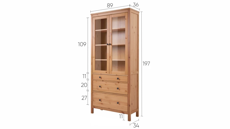 Шкаф-витрина 3 ящика - аналог IKEA HEMNES / ХЕМНЭС/ ХЕМНЕС / КЫМОР / ИКЕА 90х198х37 см, светло-коричневый (изображение №5)