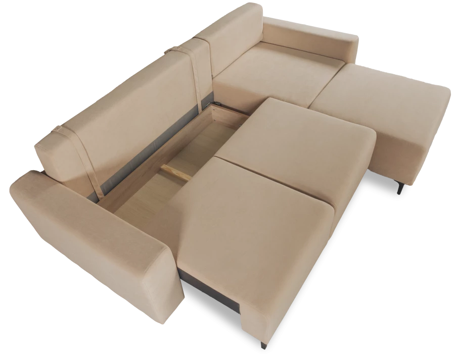 Угловой диван-кровать Халиф со спальным местом бежево кремовый велюр, 261х102х96 см (изображение №7)