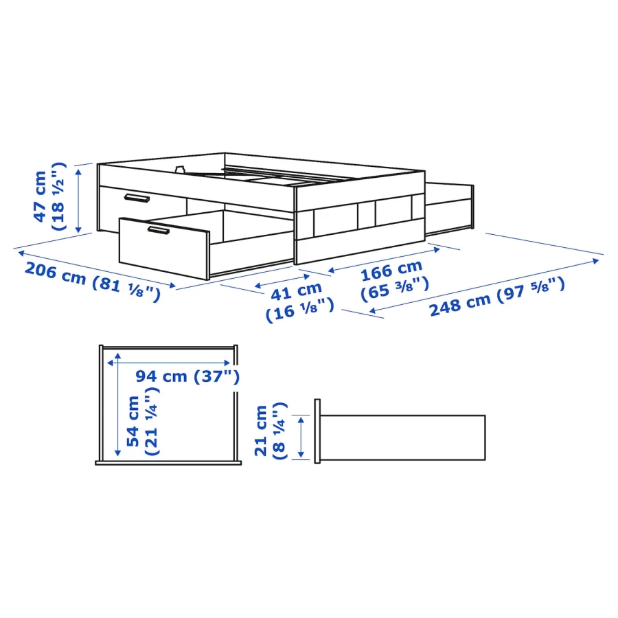 Каркас кровати с ящиками - IKEA BRIMNES, 200х160 см, белый, БРИМНЕС ИКЕА( без реечного дна) (изображение №3)