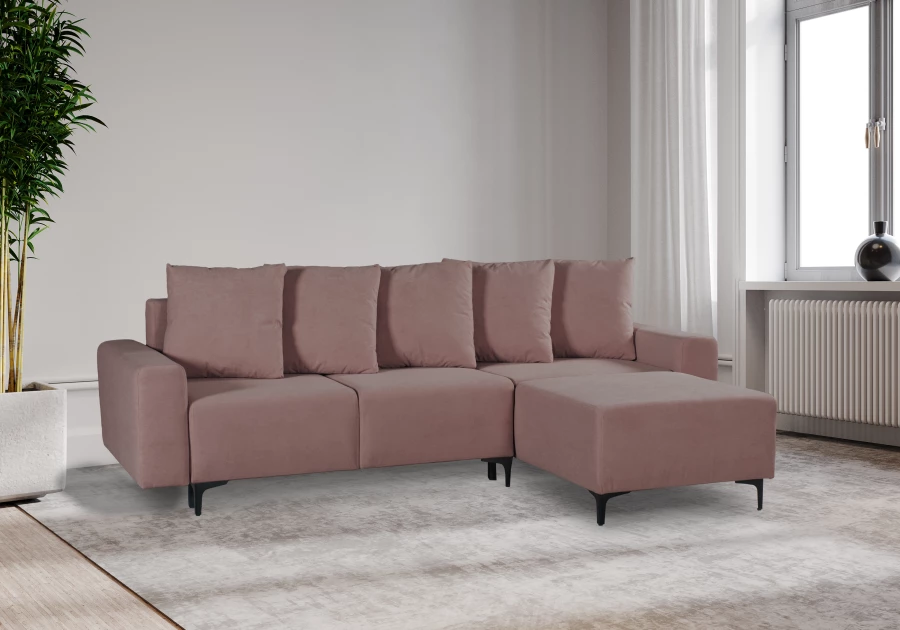 Угловой диван-кровать Халиф, механизм Пантограф, розово-сиреневый велюр, 261х102х96 см (изображение №3)