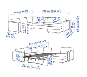 5-местный угловой диван со спальным местом - IKEA VIMLE/GRANN/BOMSTAD, черный кожа, 349/249х164/98х83 см, 140х200 см, ВИМЛЕ/ГРАНН/БУМСТАД ИКЕА