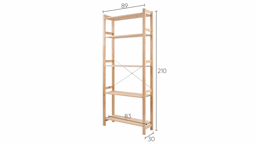 Стеллаж 5 полок - аналог IKEA/IVAR/ИВАР/УДОРА/ ИКЕА,  89x210x30см, под беленый дуб (изображение №5)