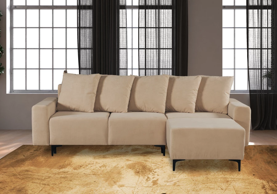 Угловой диван-кровать Халиф со спальным местом бежево кремовый велюр, 261х102х96 см (изображение №9)