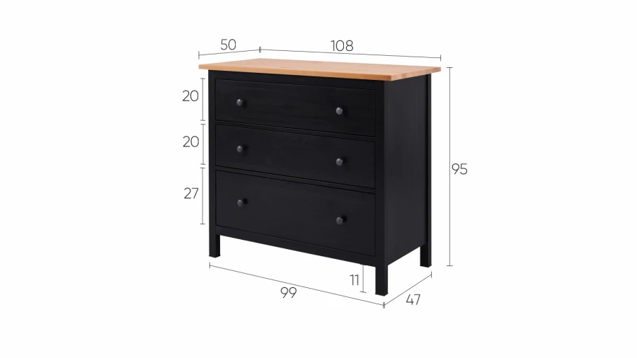 Комод с 3 ящиками - аналог IKEA HEMNES / ХЕМНЭС/ ХЕМНЕС / КЫМОР / ИКЕА 108х96х50 см, черный/светло-коричневый (изображение №5)