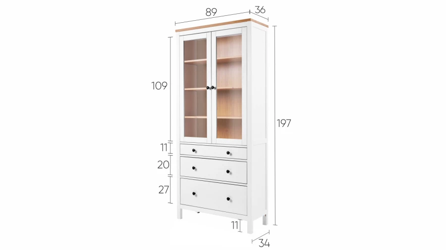 Шкаф-витрина 3 ящика - аналог IKEA HEMNES / ХЕМНЭС/ ХЕМНЕС / КЫМОР / ИКЕА 90х198х37 см, белый/светло-коричневый (изображение №5)