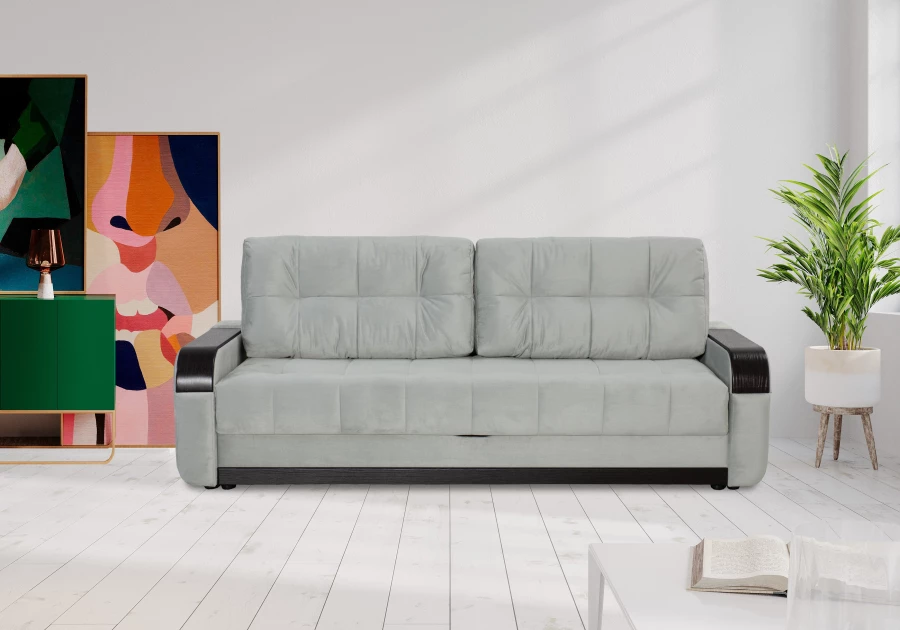 Диван-кровать Татьяна 5 БД Optima велюровый, раскладной, с ящиком для белья, механизм Еврокнижка, светло-серый велюр, 234х117х100см (изображение №12)