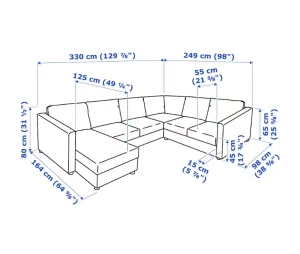 5-местный угловой диван с шезлонгом - IKEA VIMLE/GRANN/BOMSTAD, черный кожа, 330/249х164/98х83 см, ВИМЛЕ/ГРАНН/БУМСТАД ИКЕА