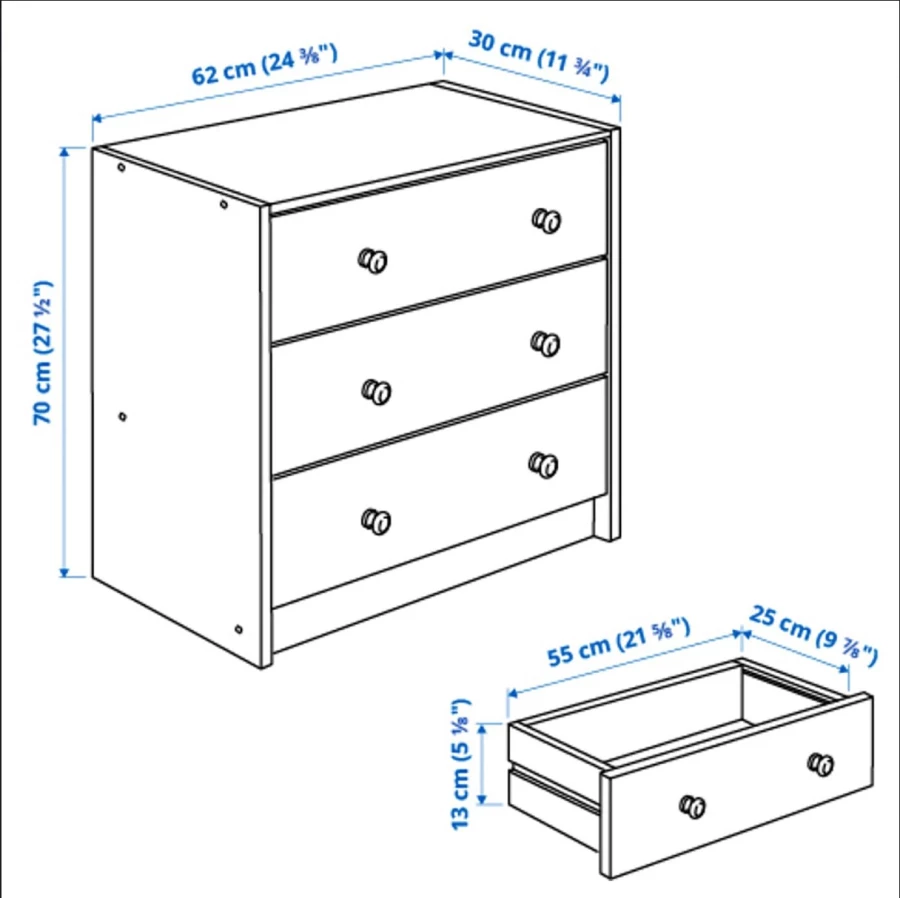 Комод с 3 ящиками - IKEA RAST/РАСТ ИКЕА, 30х62х70 см, светло-коричневый. (изображение №8)