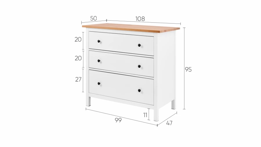 Комод с 3 ящиками - аналог IKEA HEMNES / ХЕМНЭС/ ХЕМНЕС / КЫМОР / ИКЕА 108х96х50 см, белый/светло-коричневый (изображение №5)