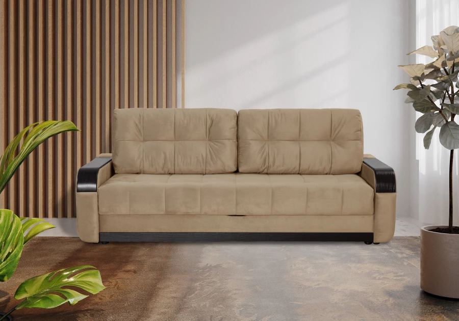 Диван-кровать Татьяна 5 БД Optima велюровый, раскладной, с ящиком для белья, механизм Еврокнижка,  бежевый велюр, 234х117х100см (изображение №12)