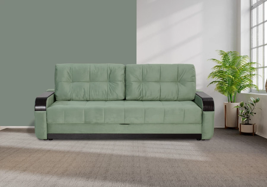 Диван-кровать Татьяна 5 БД Optima велюровый, раскладной, с ящиком для белья/ механизм Еврокнижка, мятный велюр,  234х117х100см (изображение №12)