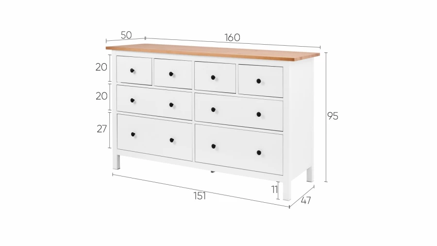 Комод с 8 ящиками - аналог IKEA HEMNES / ХЕМНЭС/ ХЕМНЕС / КЫМОР / ИКЕА 160х95х50 см, белый/светло-коричневый (изображение №5)