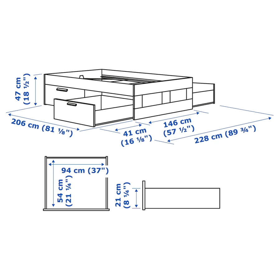 Каркас кровати с ящиками - IKEA BRIMNES, 200х140 см, белый, БРИМНЕС ИКЕА(без реечного дна) (изображение №3)