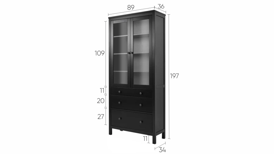 Шкаф-витрина 3 ящика - аналог IKEA HEMNES / ХЕМНЭС/ ХЕМНЕС / КЫМОР / ИКЕА 90х198х37 см, черный (изображение №5)