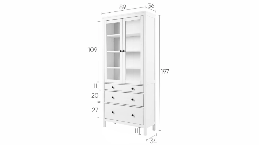 Шкаф-витрина 3 ящика - аналог IKEA HEMNES / ХЕМНЭС/ ХЕМНЕС / КЫМОР / ИКЕА 90х198х37 см, белый (изображение №5)