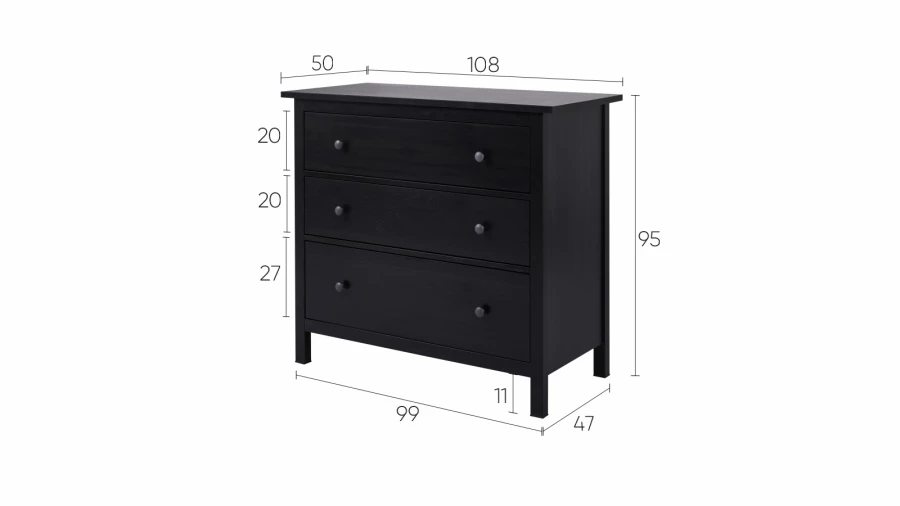 Комод с 3 ящиками - аналог IKEA HEMNES / ХЕМНЭС/ ХЕМНЕС / КЫМОР / ИКЕА 108х96х50 см, черный (изображение №5)