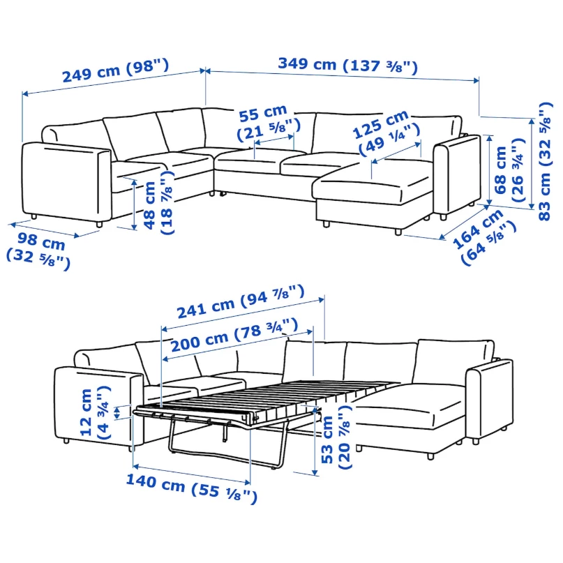 5-местный угловой диван со спальным местом - IKEA VIMLE/GRANN/BOMSTAD, черный, кожа, 349/249х164/98х83 см, 140х200 см, ВИМЛЕ/ГРАНН/БУМСТАД ИКЕА (изображение №8)