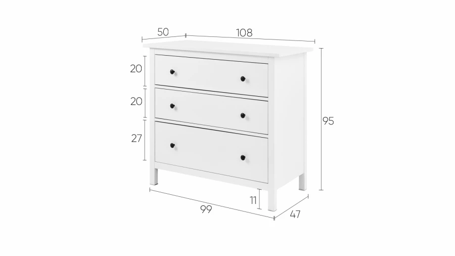 Комод с 3 ящиками - аналог IKEA HEMNES / ХЕМНЭС/ ХЕМНЕС / КЫМОР / ИКЕА 108х96х50 см, белый (изображение №5)