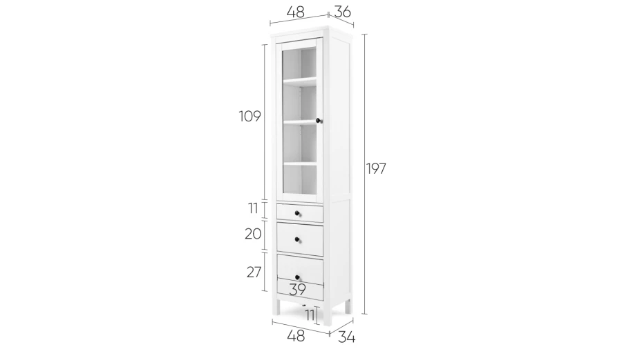 Шкаф-витрина 3 ящика - аналог IKEA HEMNES / ХЕМНЭС/ ХЕМНЕС / КЫМОР / ИКЕА 49х198х37 см, белый (изображение №5)