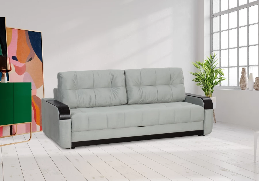 Диван-кровать Татьяна 5 БД Optima велюровый, раскладной, с ящиком для белья, механизм Еврокнижка, светло-серый велюр, 234х117х100см (изображение №13)