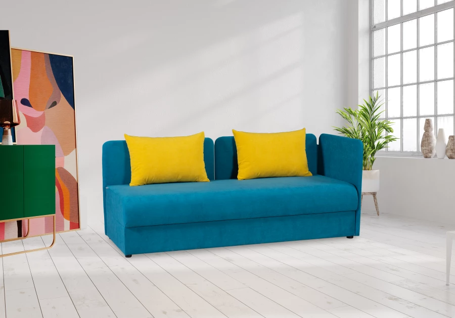 Диван-кровать Орлеан велюровый, раскладной, с ящиком для белья, механизм Книжка, желтый велюр, 198х88х81 см (изображение №3)